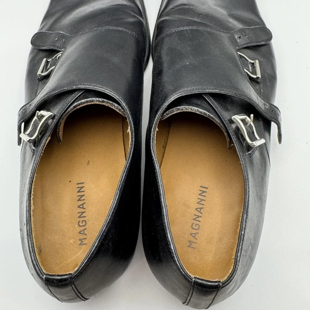 Magnanni‎ Shoes Mens 9.5 Black Leather Double Monk Strap Dress Miro Square Toe